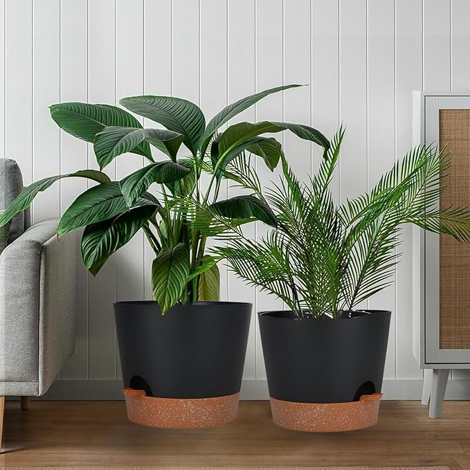 SwinDuck 12inch Large Self Watering Plant Pot, Plastic Cylinder Planter with 60Oz Deep Reservoir and Saucer for Indoor Outdoor Plants Flowers Houseplants, Black with Brown