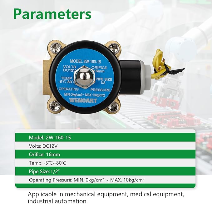 Wengart 1/2" Electric Solenoid Valve 12V DC,Brass Normally Closed (NC) Water Valve,Direct Acting for Zero Pressure (0 PSI) Systems,Reliable Control for RV,Solar Irrigation, Air,Gas & Oil