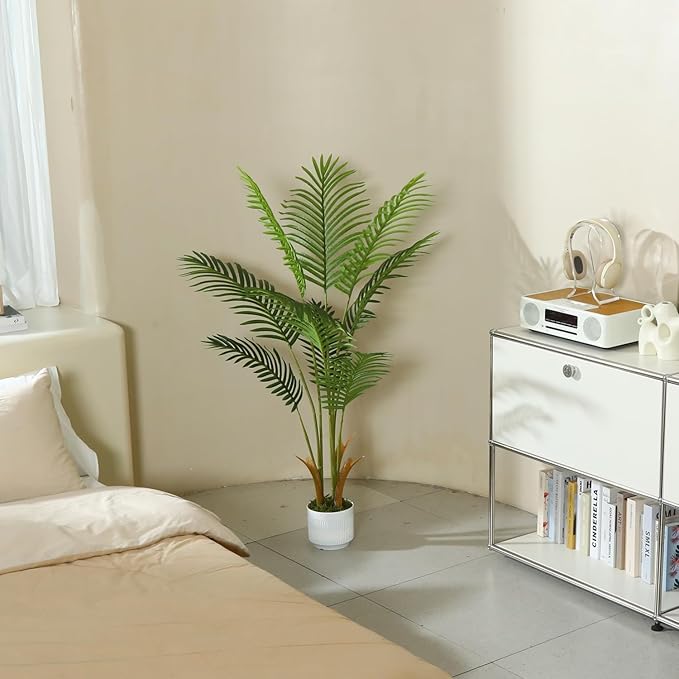 4FT Artificial Palm Tree Indoor with White Pot, Realistic Leaves, 9 Trunks Adjustable Branches, Tall Faux Fake Palm Plant, Ideal for Living Room Bedroom Office Home Interior Aesthetic Decor