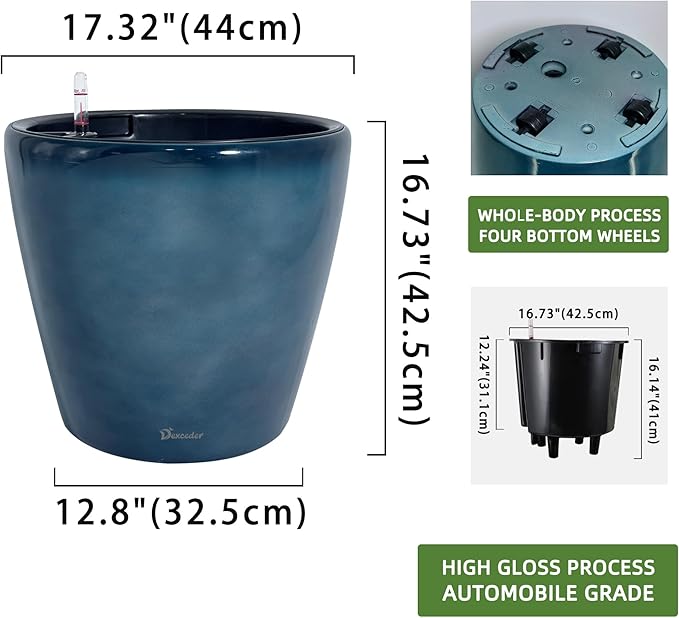 Dexceder 18x17 Self Watering Planter with Wheels (Grayish Green Gradient) | Inner Pot Design, Thickened Large Floor Standing Flower Plant Pot with Water Level Indicator Indoor Outdoor