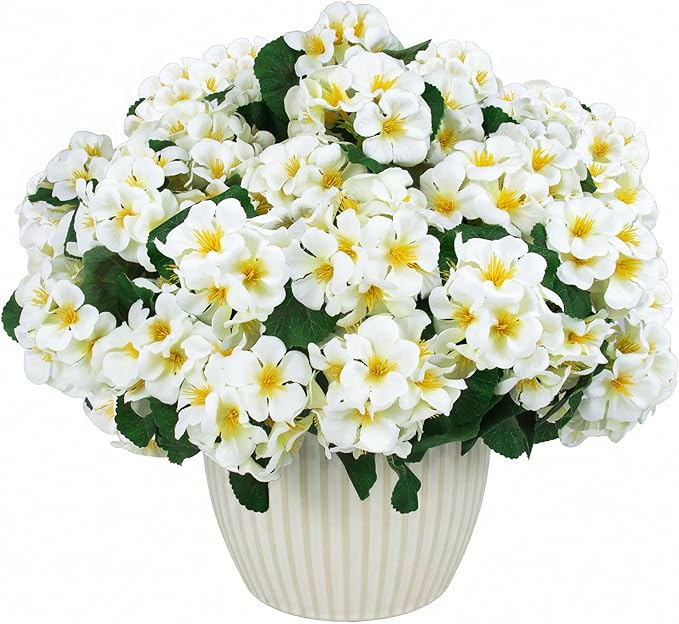 Hananona 12 Pcs Artificial Geranium Flowers for Outdoors Geranium Silk Flowers Outdoor UV Resistant Garden Plants Faux Flowers for Home Kitchen Table Centerpieces Decor (12, Snow White)