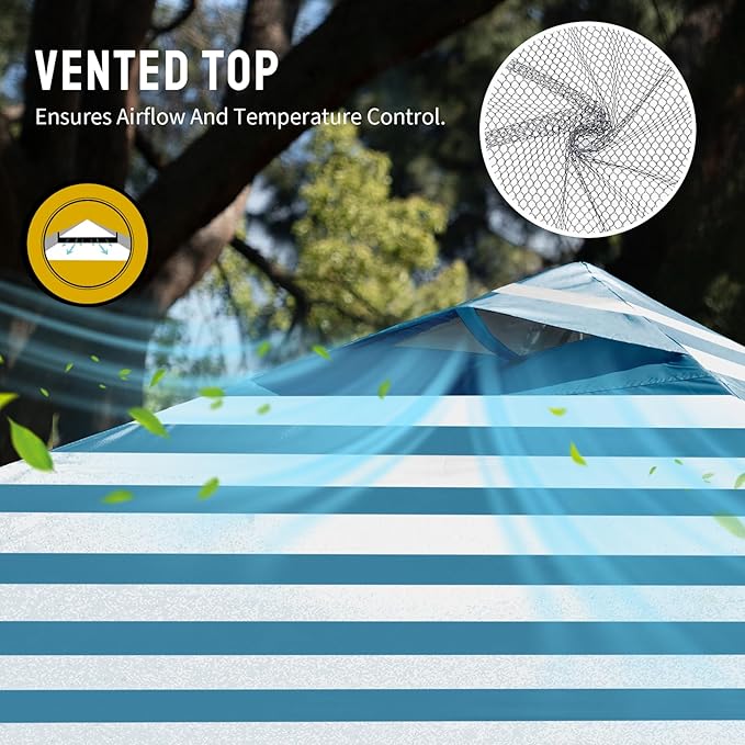 CROWN SHADES 10x10 Pop Up Canopy - Beach Tent with One Push Setup - Easy Outdoor Sun Shade for Events, Parties, Camping - Gazebo with STO-N-Go Cover Bag, Silver Coated Top, Cyan Blue Stripes