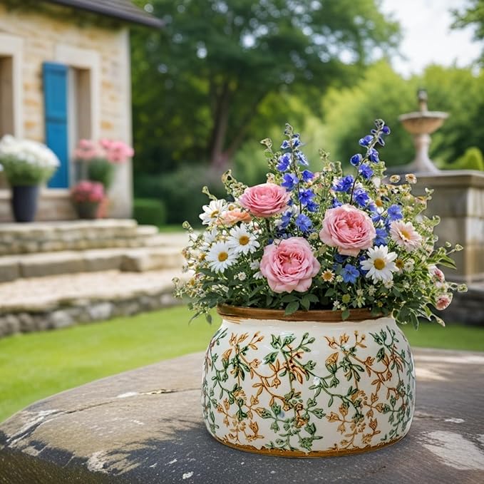 Vintage Ceramic Flower Pot - Indoor Outdoor Planters with Drainage Holes & Filter Screen, 9’’ Large Rustic Farmhouse Decorative Plant Pots for Garden/Patio/Balcony (Bicolor Vines, Large)