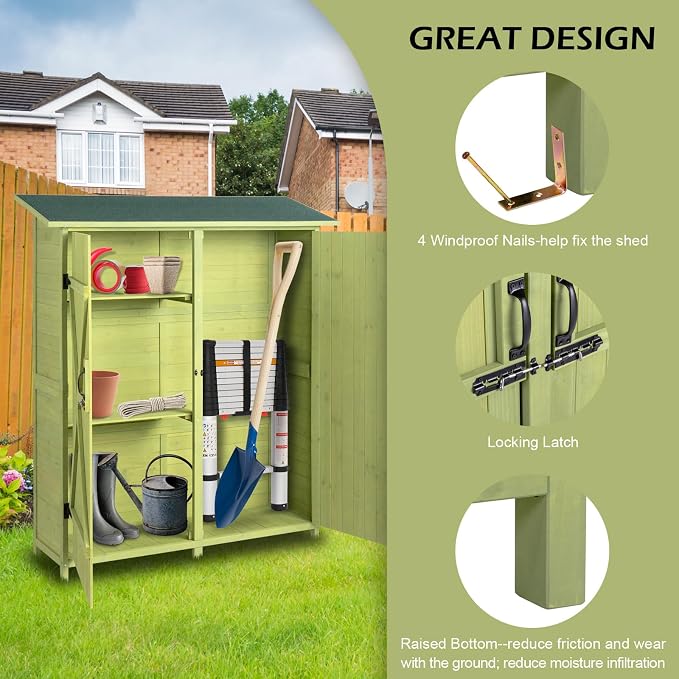 Outvita Outdoor Storage Cabinet with Waterproof Roof, Double Lockable Doors Garden Shed with 2 Removable Shelves, Wooden Storage Shed with Large Storage Space for Yard Garge Patio Deck Porch（Green）