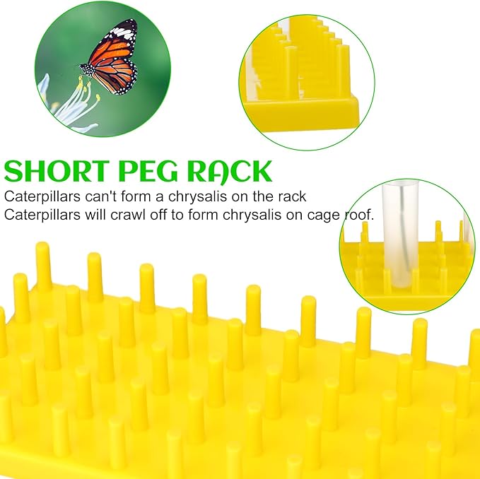 Beeveer 2 Short Peg Rack with 16 Large Floral Tubes Floral Water Tubes for Feeding Fresh Milkweed Cuttings Host Plants Nectar Flowers Habitat Supplies
