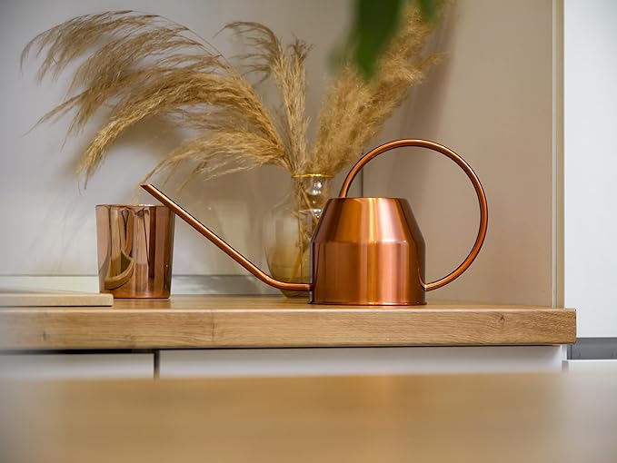 Plexon Rose Gold Metal Watering Can Indoor Plants 40 oz, Stainless Steel Long Spout Watering Can Outdoor House Plant Flower, Garden