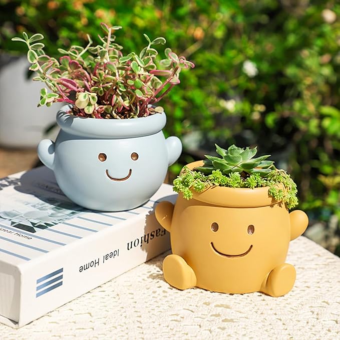 Cute Face Planter Pot, Small Resin Head Planters for Indoor Plants, Funny Smiling Face Flower Pot Succulent Planter with Drainage Hole, Gift IdeaI for Birthday Christmas (Orange)