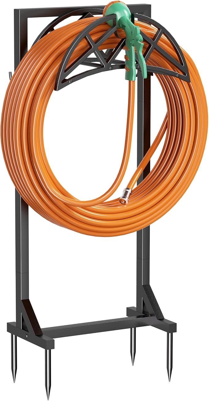 Garden Hose Holder, Heavy-Duty Metal Stand with Stable Base & 2 Tool Hooks, Freestanding Storage Rack for Outside, Holds 150ft – Hose Holders for Yard & Lawn