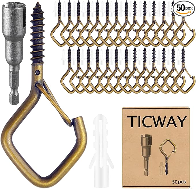 50 Pcs Outdoor Hooks for String Lights,Screw Hooks for Hanging Plants,Ceiling Hooks with Safety Buckle,Square Hanger for Wind Chimes,Bird Feeder,Lanterns,Christmas Decorations (Bronze)