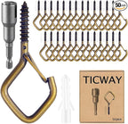 50 Pcs Outdoor Hooks for String Lights,Screw Hooks for Hanging Plants,Ceiling Hooks with Safety Buckle,Square Hanger for Wind Chimes,Bird Feeder,Lanterns,Christmas Decorations (Bronze)