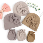 BQUBO Newborn Baby Girls Hats Mittens Set Hospital Hat Beanie Infant Bow Hats Baby Cotton Gloves for 0-6 Months