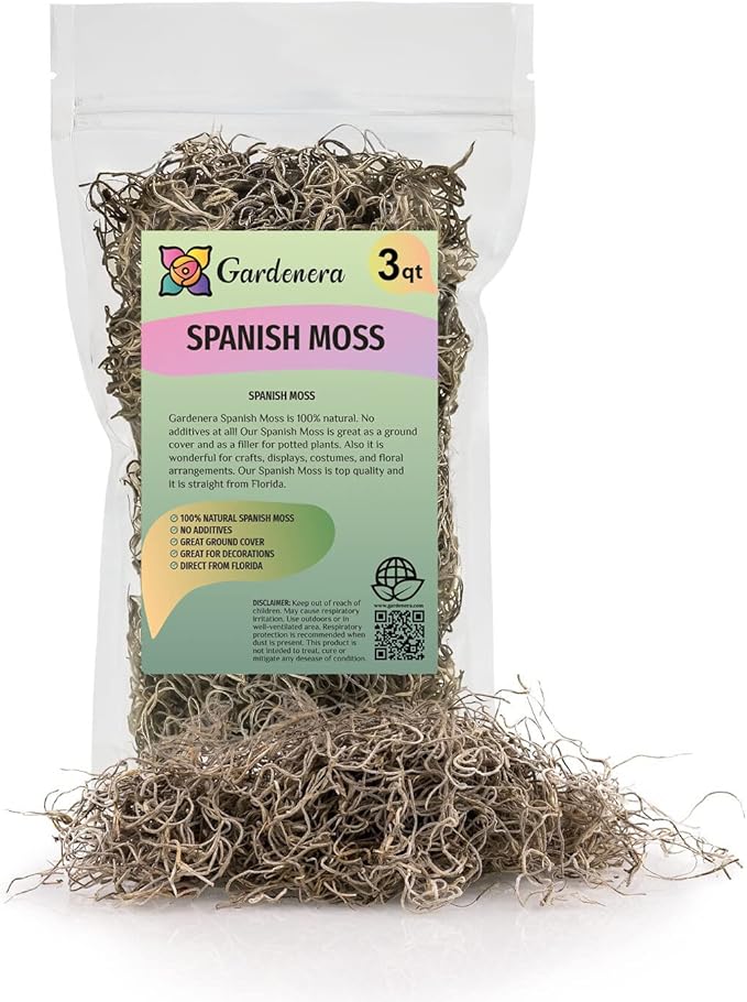 Gardenera Premium Natural Spanish Moss | Natural Preserved - Great Ground Cover - Filler for Potted Plants - 3 Quart Bag