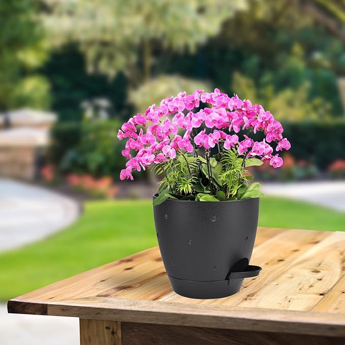 Vanslogreen 6 Inch Orchid Pots with Holes, 2 Pack Self Watering Planters for Orchids Plastic Orchid Pot Plant Flower Pots for Orchids Indoor Outdoor (Black)