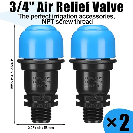Threlaco 2 Pack Air Release Valve 3/4 Inch Air and Vacuum Release Male Thread Air Relief Air Bleeder Valve Vent Irrigation Water Saving System for Agricultural Drip Systems
