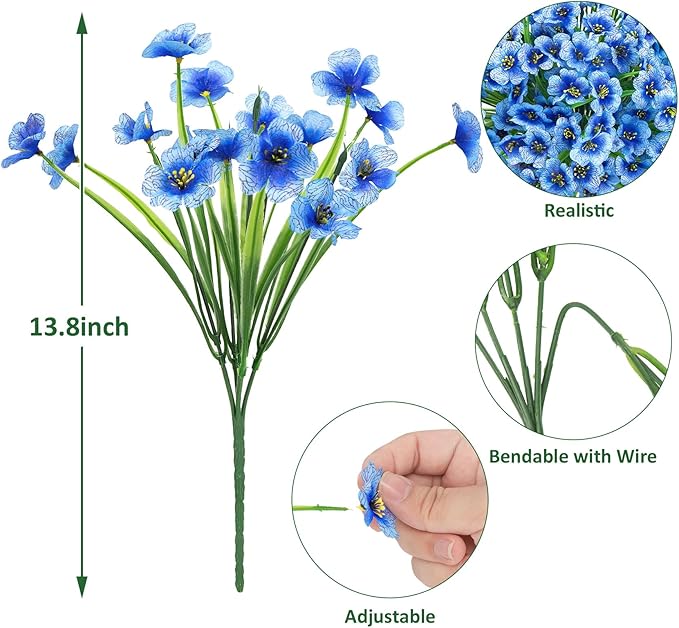 Roberly 24 Bundles Artificial Flowers for Outdoors UV Resistant Silk Fake Flowers Faux Plastic Plants for Porch Garden Window Box Indoor Outdoor Spring Summer Home Farmhouse Decor, Blue