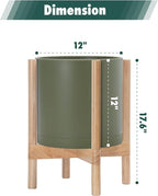 D'vine Dev Planter Pot with Stand - 12 Inch Plastic Cylinder Flower Pot with Wood Planter Holder for Indoor, Olive Pot + Natural Stand, 55-C-P-3