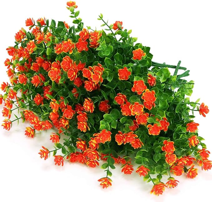 12 Bundles Outdoor Artificial Flowers UV Resistant Fake Boxwood Plants, Faux Greenery for Indoor Outside Hanging Plants Garden Porch Window Box Home Wedding Farmhouse Décor (Orange Red)