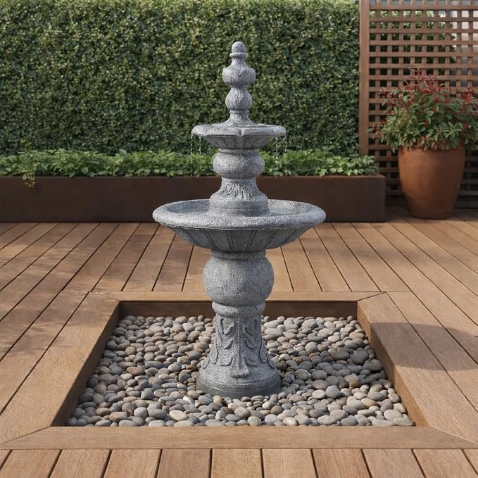 Teamson Home 52.56 in. Outdoor Two-Tier Water Fountain with Realistic ICY Stone Texture for Outdoor Living Spaces Creating a Calming Oasis for Gardens, Landscaping, Patios, Balconies, Lawns, Gray