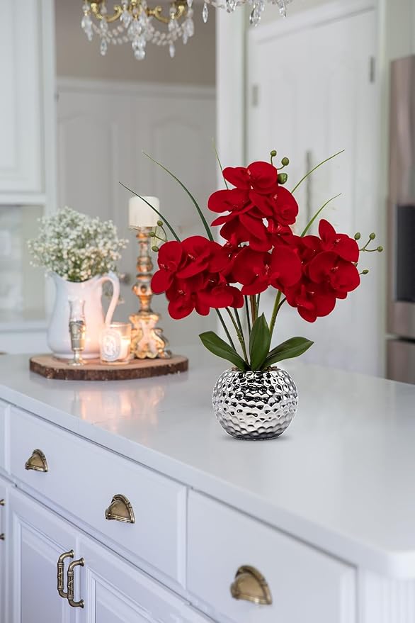 Briful Orchid Artificial Flowers 20'' Red Faux Orchid Flowers with Silver Vase Fake Phalaenopsis Silk Flowers for Home Office Dinning Room Kitchen Table Centerpiece Decor