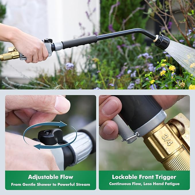 RESTMO Heavy Duty Full Metal Long Watering Wand, 24 Inches Gentle Soft Full Shower Sprayer Wand with Flow Control, Hose Wand for Hanging Baskets, Shrubs, Plants, Flowers, Garden and Lawn, Flash Black