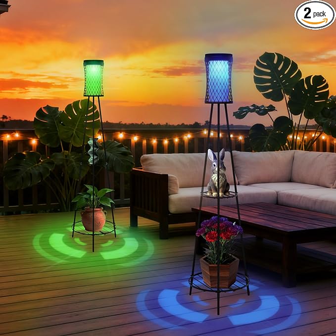 Aialun Solar Outdoor Floor Lamps with USB Charging, 5 Mode White&RGB Light Solar Outside Floor Lamps, 45.67 Inch Tall Standing Lamp with Double Plant Stand for Patio, Porch, Deck, Yard Decor, 2 Pack