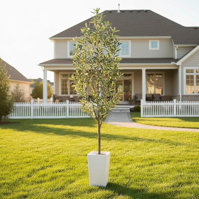Aveyas 7ft Artificial Olive Tree for Home Decor, 7 Feet Large Faux Plant Fake Skinny Silk Trees with Pot for Indoor Outdoor House Living Room Office (7 ft Tall Including Raised Pot)