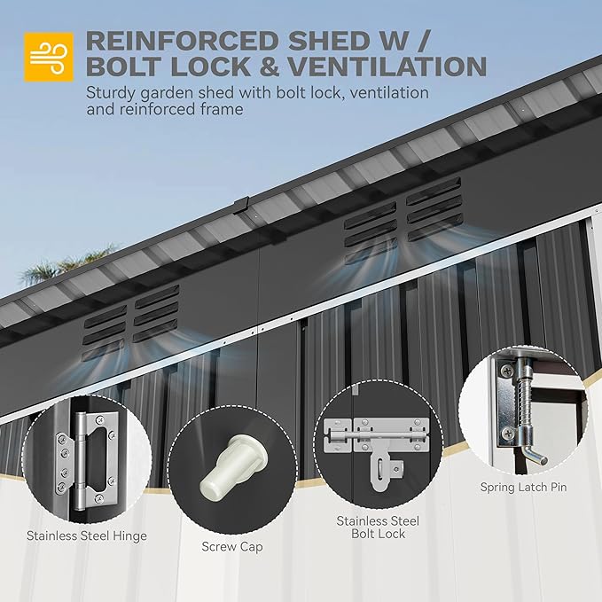DWVO 9' x 4' Outdoor Storage Shed with Windows, Lockable Double Doors, Sloped Roof, Heavy-Duty Steel Shed for Garden & Patio, Large Backyard Tool Organizer, Dark Gray