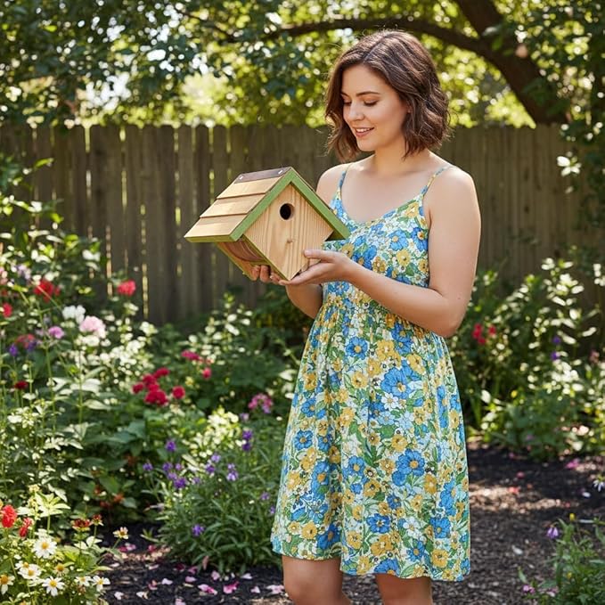 Large Cedar Bluebird House for Outside - Bamboo Shingles Roof Birdhouse for Bluebirds - Weather Proof Metal Protected - 13/16” Thickness Heavy Duty - Detachable and Easy Cleaning (1.5" Hole)