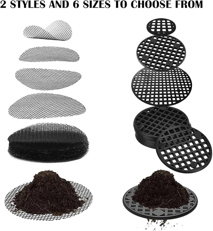 300 PCS Circular Flowerpot Hole Net Pads, 2 Styles and 6 Sizes, Flowerpot Soil Prevention, Leakage Prevention and Ventilation Pads, Indoor and Outdoor Plant Drainage Pads