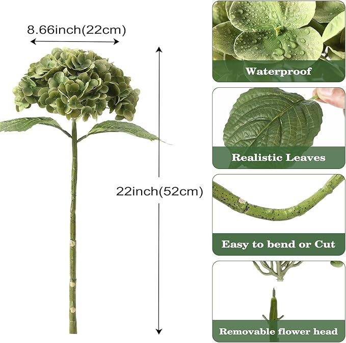Coferset Lime Green Hydrangea Artificial Flowers 3pcs Lifelike Faux Hydrangea Real Touch Fake Flowers for Home Wedding Office Party Living Room Decoration,22inch