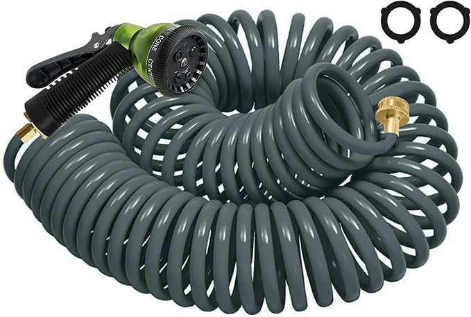 Coil Hose 75FT EVA Coil Garden Hose With 3/4'' Brass Connector Coiled Water Hose Lightweight And No Kink Includes 7 Patterns Spray Nozzle For Outdoors Lawn Watering Car Washing