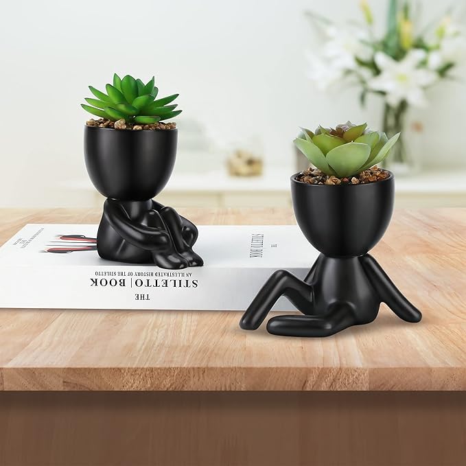 Fake Succulent, Mini Succulents Plants Artificial in Black Modern Human Shaped Ceramic Pots Desk Decor Desk Plant for Office Decor for Women, Cute Fake Plants Bathroom Decor 2PCS