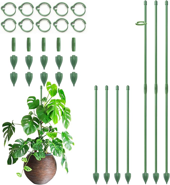 RIFNY Plant Stakes for Indoor Plants, 12 Inch Plant Support Stakes with Clips, Tall Adjustable Plant Sticks for Indoor Monstera Tomato Orchid Potted Plants Flower (10 PCS, Green)