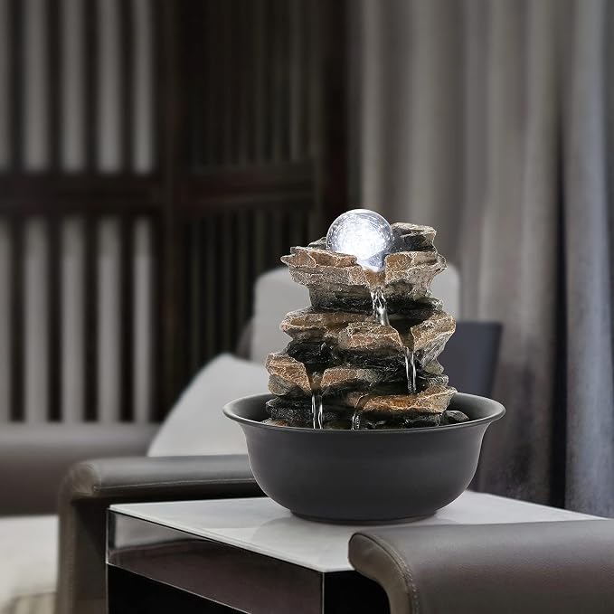 WICHEMI Tabletop Fountain Warer Fountains Indoor Waterfall Fountain Indoor Relaxing Water Feature Meditation Fountains with LED Light for Home Office Bedroom Decor (Style 5)