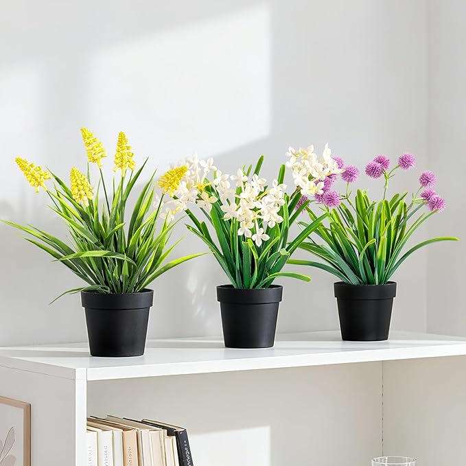3 Pack Fake Small Plant Artificial Potted Flowers for Home Decor Fake Flower Plant Greenery Mini Faux Plant for Indoor Bedroom Living Room Office Shelf Bathroom Farmhouse Decor (Type 9)