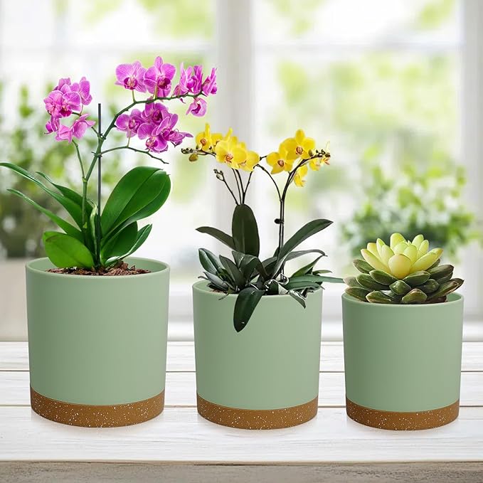 WSMKSZ 3 Pack 6/5/4 inch Cylindrical Flower Pots, Modern Small Round Plastic Plant Pots with Drainage Holes & Saucers, Clean and Refined Planter Pots for Outdoor, Indoor & Office Decor (Green Brown)