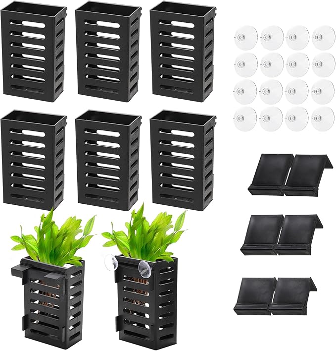 Lawei 8 Pack Hanging Aquarium Plant Holder, Plastic Aquatic Plant Pot with 48 Hooks and 16 Suction Cups, Planter Cups for Aquarium Decorations Accessories Fish Tank Live Plants