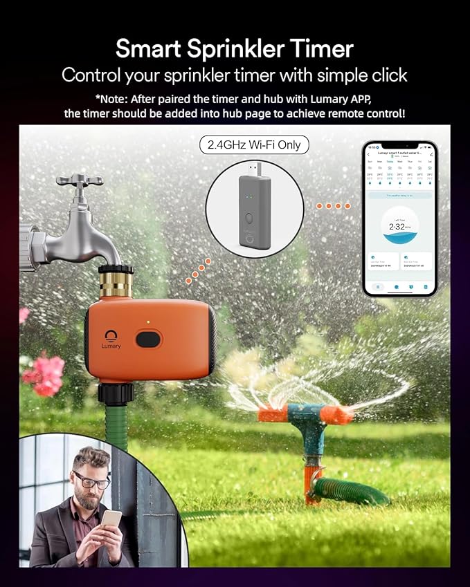Lumary WiFi Water Timer for Garden Hose with Hub, Battery Sprinkler Timer for Watering Brass Inlet Outdoor, Rain Delay/Remote/Manual/Auto Drip Irrigation System Programmable Faucet, Work with Alexa