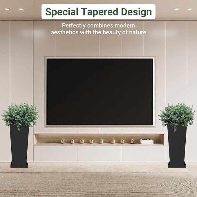 Metal Tall Planters 24 inch Set of 2, Durable Taper Planter with Drainage Holes & Rust-Proof Coating & Trays for Outdoor Indoor Garden Patio Front Door