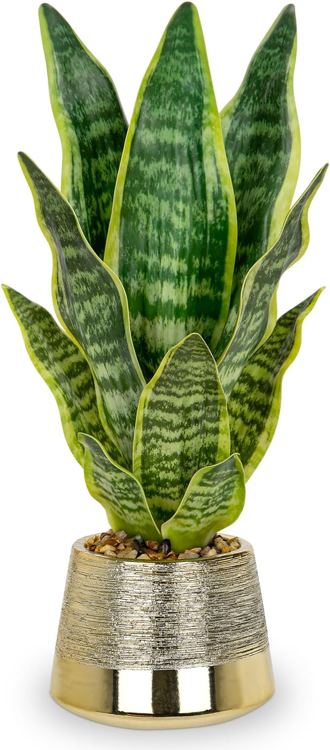 Oairse Artificial Potted Plant, Fake Snake Plant in Gold Pot 16.9 inch Faux Sansevieria Trifasciata Artificial Plants Indoor with Pot for Home Office Living Room Indoor Outdoor Decor