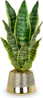 Oairse Artificial Potted Plant, Fake Snake Plant in Gold Pot 16.9 inch Faux Sansevieria Trifasciata Artificial Plants Indoor with Pot for Home Office Living Room Indoor Outdoor Decor