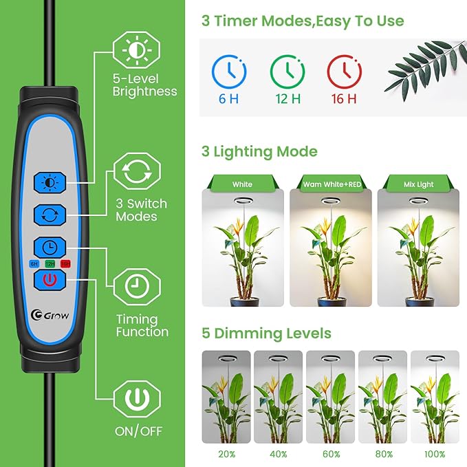 6.3in Grow Light, 80LED Growing Light Full Spectrum for Indoor Plants, Auto Timer 6/12/16H, 3 Optional Spectrums, Height Adjustable 10"-65", Idea for Large Plant, 5V, Black, 3 Pack