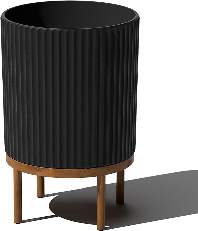 Veradek Demi Series Round Planter w/ Stand for Porch/Patio | Durable Plastic-Concrete & Wooden Stand | Modern Décor for Tall Plants, Flowers