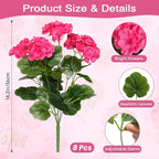 Alupssuc 8Pcs Artificial Geranium Flowers for Outdoors Decoration Silk Floral, UV Resistant Fake Plants, Faux Flower for Porch Garden Table Centerpieces Home Indoor Outside Spring Decor(8, Deep Pink)