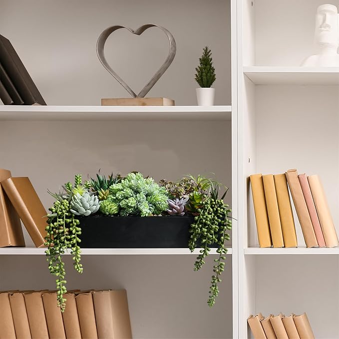 Winlyn 15" Artificial Succulents Arrangement Faux Succulents in Rectangular Black Wooden Planter Box Faux Potted Succulents Plant Garden for Gifts Home Table Centerpiece Mantel Greenery Décor