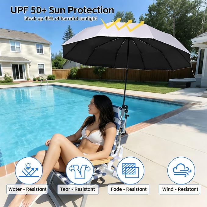 Beach Chair Umbrella with 360° Adjustable Clamp, 45in UPF 50+ Portable Folding Sun Shade for Outdoor Camping Wheelchair,Travel, Stroller, Patio, Golf Carts Plant Shade(Chair Not Included)