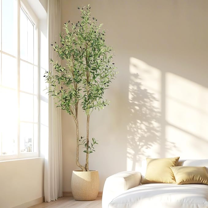 HZXGCP Olive Tree Olive 7 feet, Artificial Olive Tree with White Pot, Fake Tree with 1882 Dense Leaves & 96 High-Simulated Olive Fruits - Easy Assembly, Low Maintenance (Olive Tree 7ft)