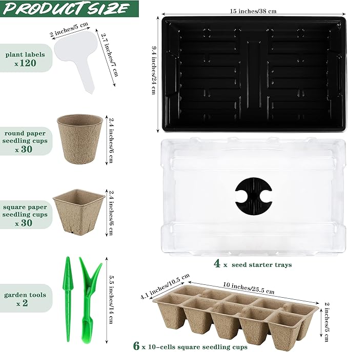Hahood 4 Pack Seed Starter Tray Set Plants Growing Trays Peat Pots for Seedlings with Seed Starter Pots, Plastic Germination Tray, Plant Labels, Tool for Flower Vegetable Planting, Black