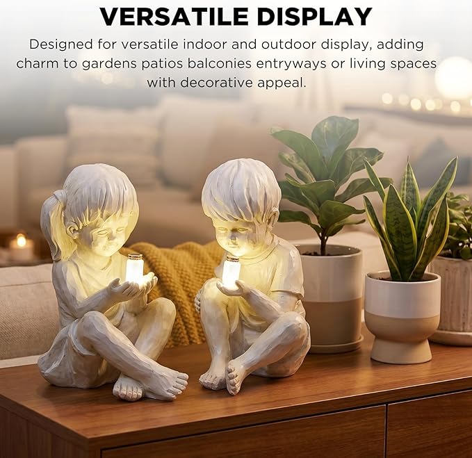 Large Garden Children Statues Light Up Firefly Jar Solar Powered | Set of 2 Figurines | Girl & Boy Garden Yard Art Décor, Indoor & Outdoor Ornament Gifts for Lawn, Patio , 7.5" W x11. 8”H Cream Gift