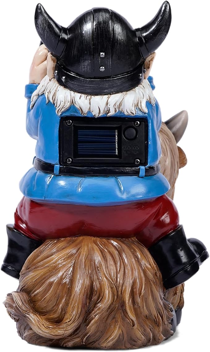 Joint Honglin Garden Gnome Statues Resin Gnome Sitting on Highland Cow Solar LED Lights Outdoor Telescope Gnome Decorations